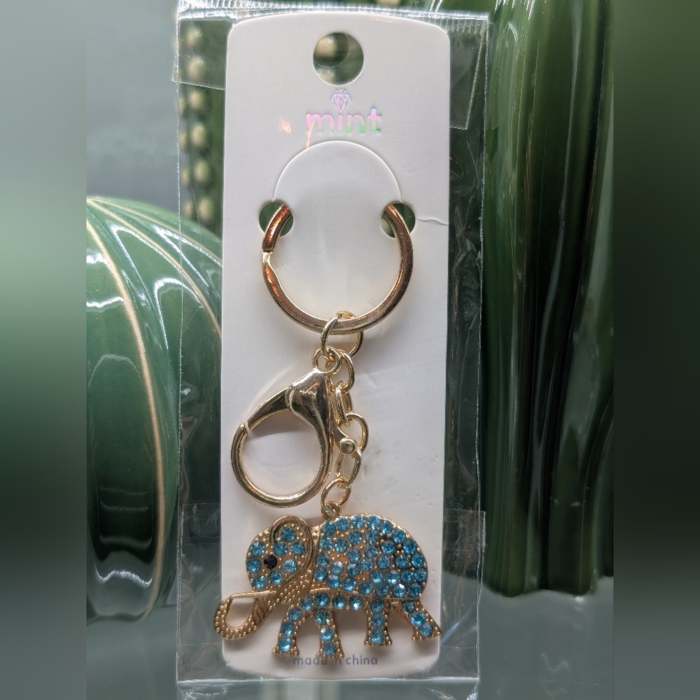 Mint Gold W/Teal Blue Sparkling Elephant Keychain/Bagcharm.